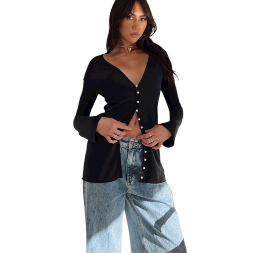 Princess Polly Black Button-Front Ribbed Cardigan - Picture 3 of 11